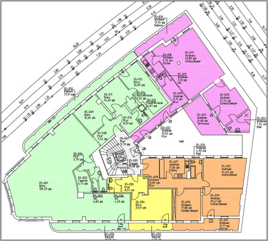 Grundriss 5 OG - 307,00 m² grün+gelb markiert